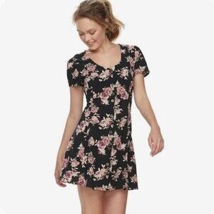 Black floral lace up back mini dress size small